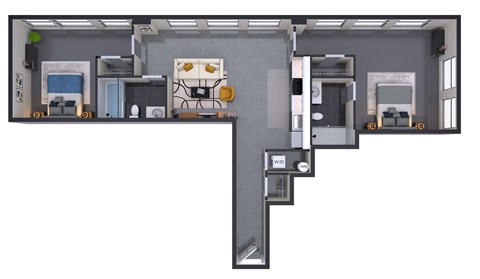 Floor plan for 2 beds, 2 baths, 879 sqft